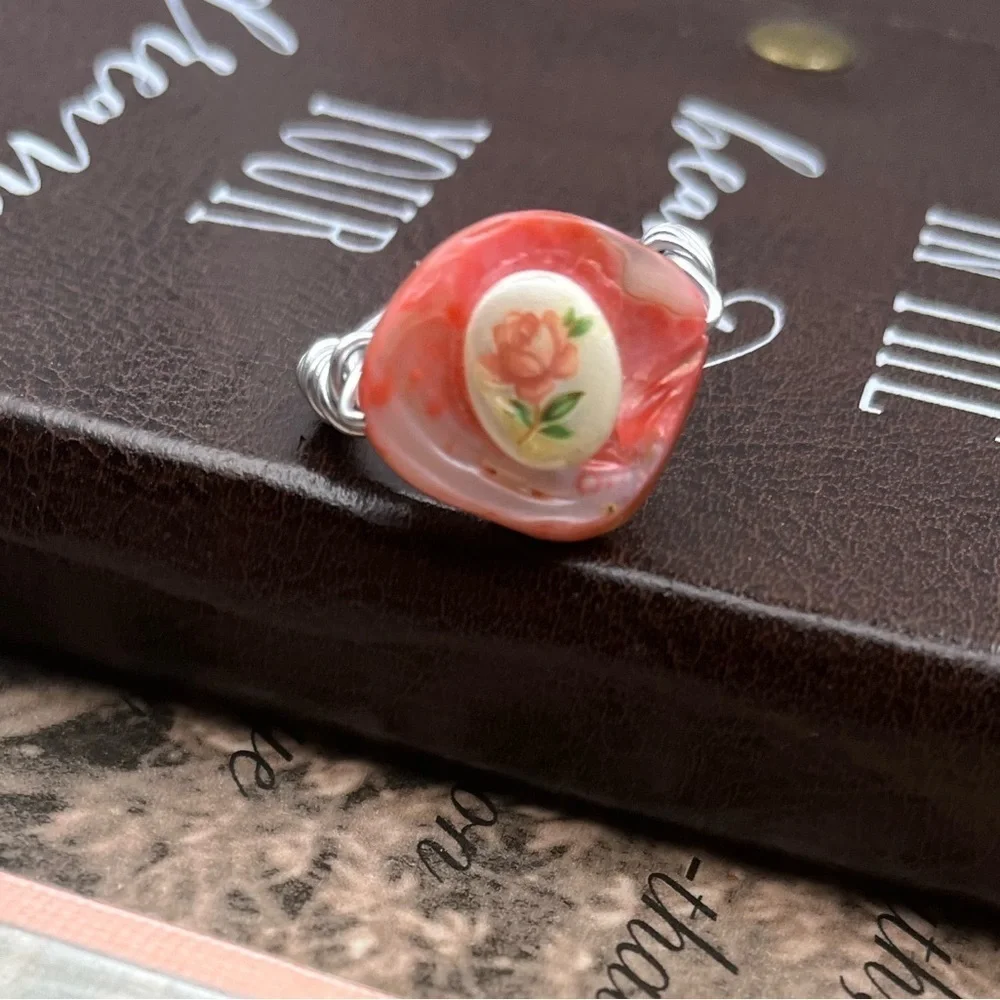 Y2K Handmade Rose Cabochon Ring 6.5 Cottagecore Fairycore Coquette